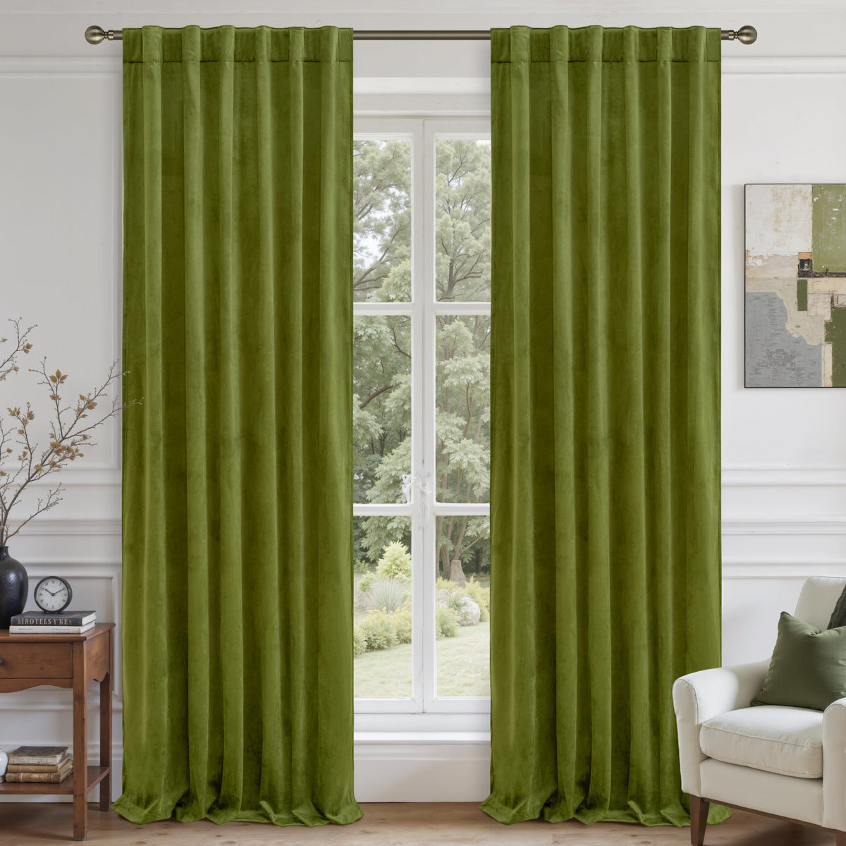 LAMIT Olive Green Velvet Curtains 84 Inch Length for Living Room, 2 Panels