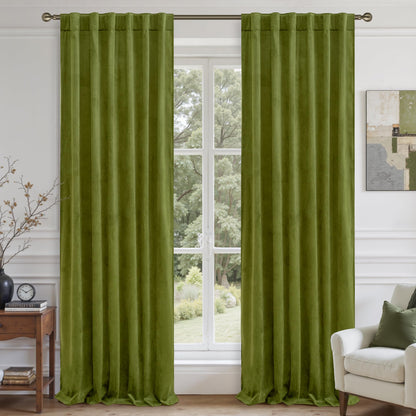 LAMIT Olive Green Velvet Curtains 84 Inch Length for Living Room, 2 Panels