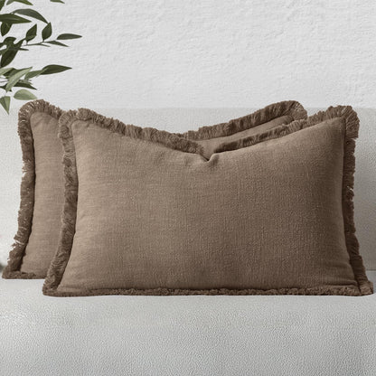 MIULEE Linen Fringe Decorative Fall Throw Pillow Covers Cocoa Brown 18x18