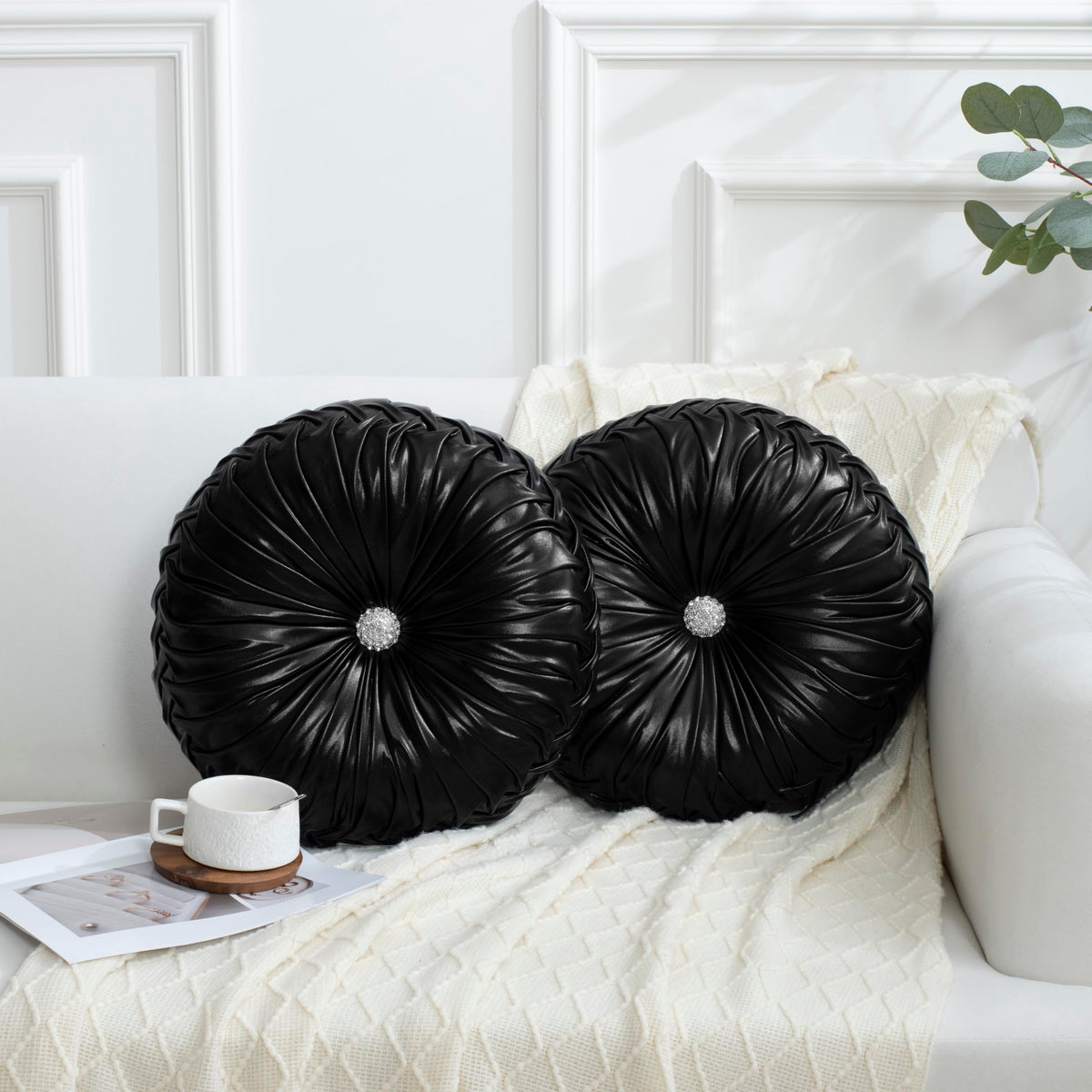 HIG Set of 2 Beige Velvet Decorative Round Pleated Throw Pillows
