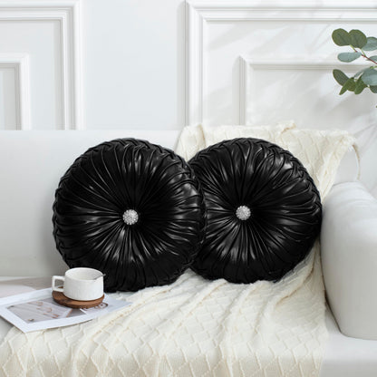 HIG Set of 2 Beige Velvet Decorative Round Pleated Throw Pillows