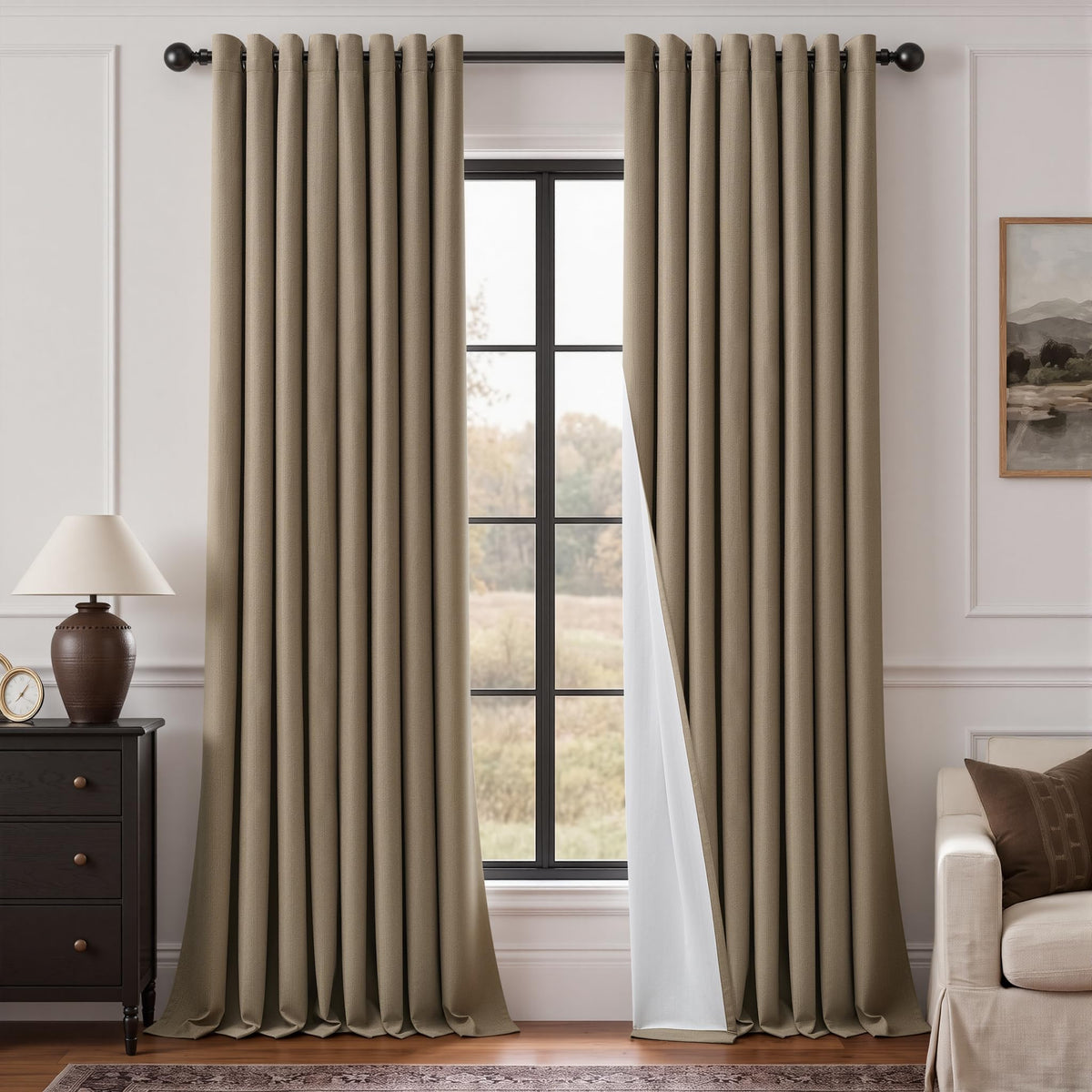 Natural Ivory 100% Blackout Grommet Linen Curtains 90 Inch Long 2 Panels