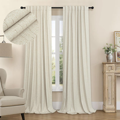 100% Blackout Curtains 84 Inch Length 2 Panels Set Neutral Boho Linen Farmhouse for Bedroom Windows Living Room Darkening Thermal Insulated Drapes Natural Cream Ivory 7ft Long Back Tab Pleated Pocket