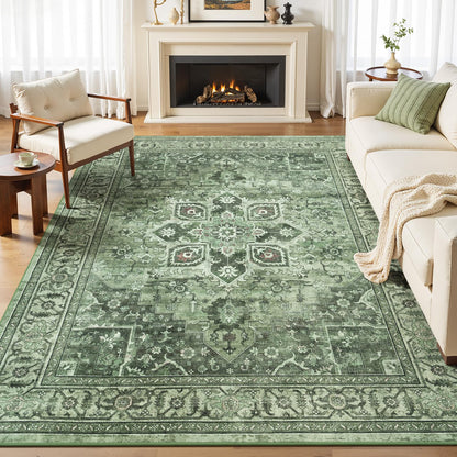Sage Green 8x10 Area Rug for Living Room, Vintage Boho Large Carpet