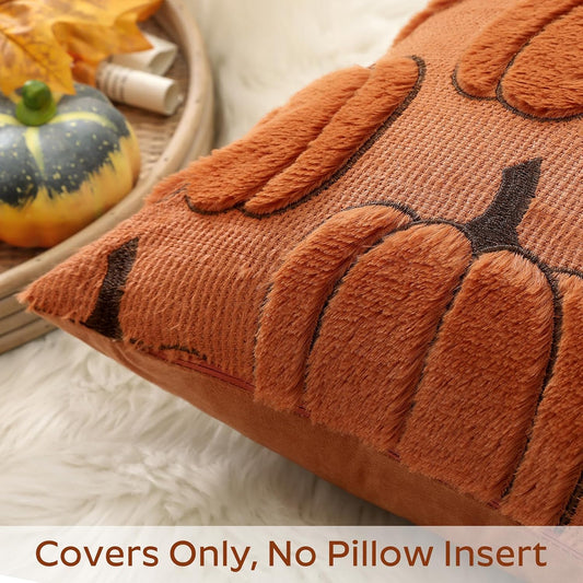 Artscope Fall Pumpkin Throw Pillow Covers 18x18 Set of 2, Autumn Soft Plush Faux Fur Decoration Cushion Covers for Thanksgiving & Halloween Couch Sofa Bedroom Home Decor-Rust