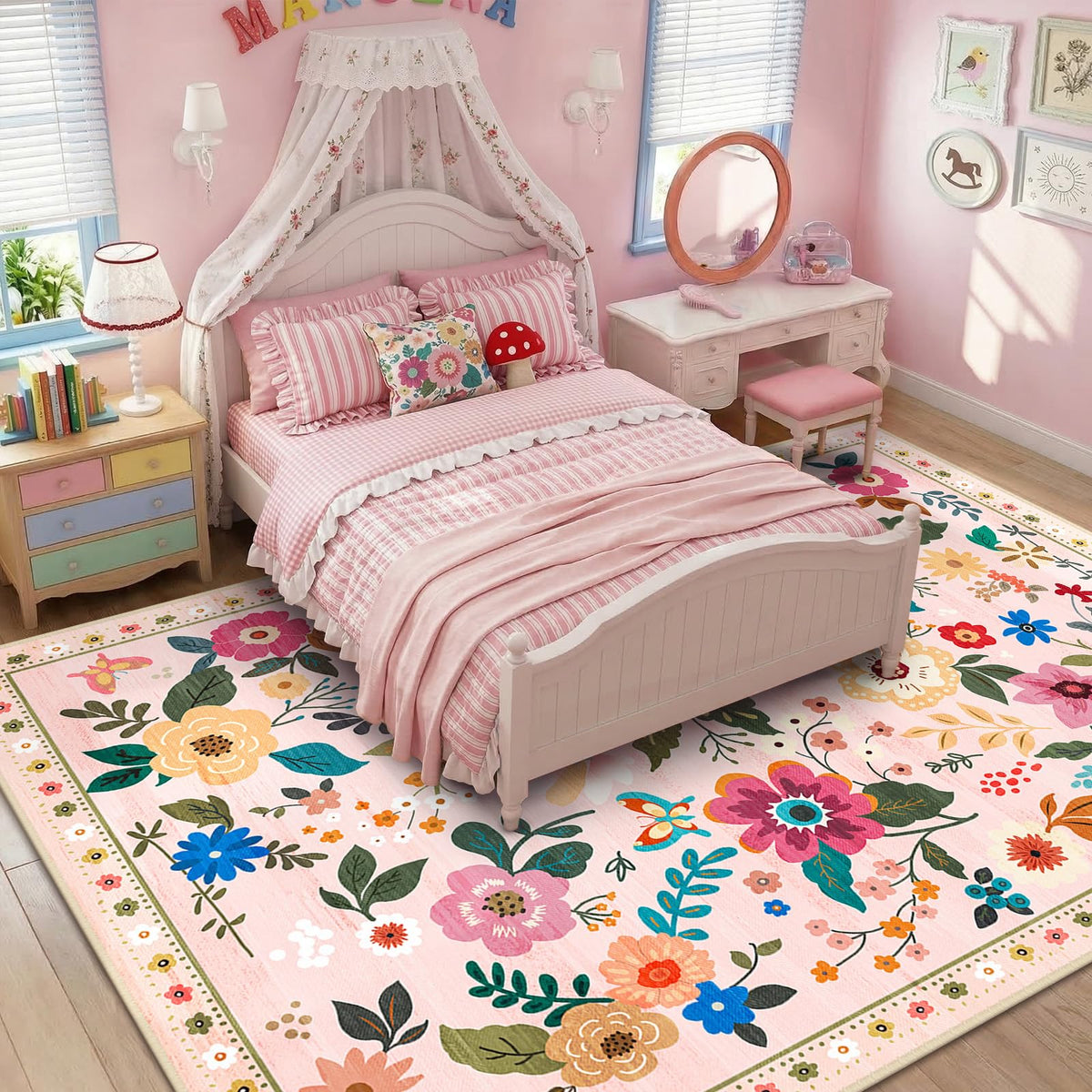RELEANY Floral Washable 5x7 Area Rugs Pink