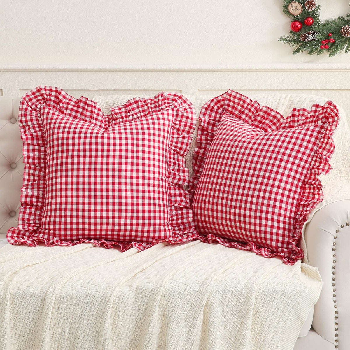 14x36 inches Sage Green Plaid Ruffle Lumbar Pillow Sham 1 Piece