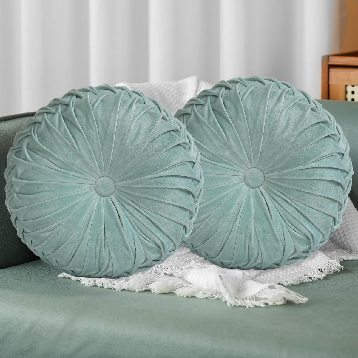 HIG Set of 2 Beige Velvet Decorative Round Pleated Throw Pillows