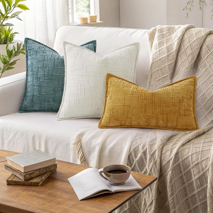 decorUhome Chenille Fall Throw Pillow Covers 18x18 Set of 2, Mustard Yellow