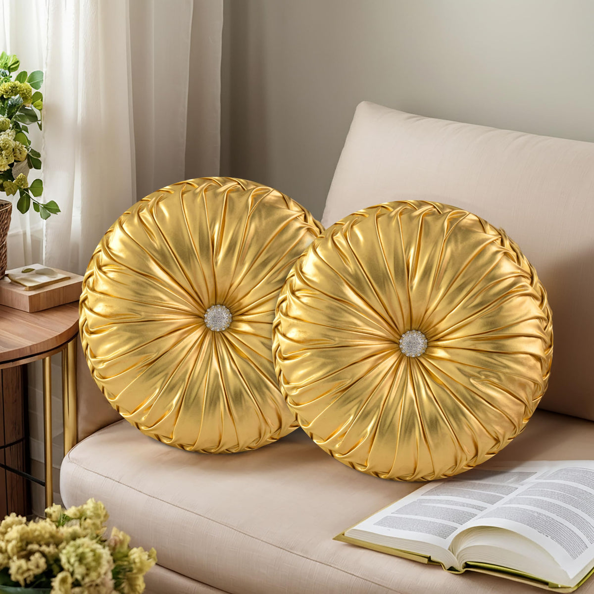 HIG Set of 2 Beige Velvet Decorative Round Pleated Throw Pillows
