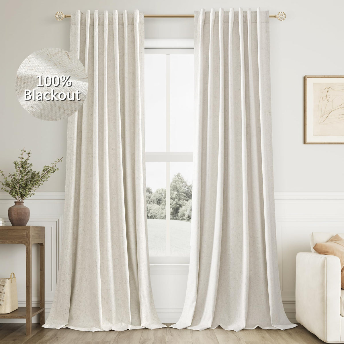 Guken Cream Linen Blackout Curtains 84 Inch Length 2 Panels Set for Living Room Bedroom Back Tab Thermal Insulated 100% Black Out Drapes Room Darkening Window Curtain Ivory Natural Beige