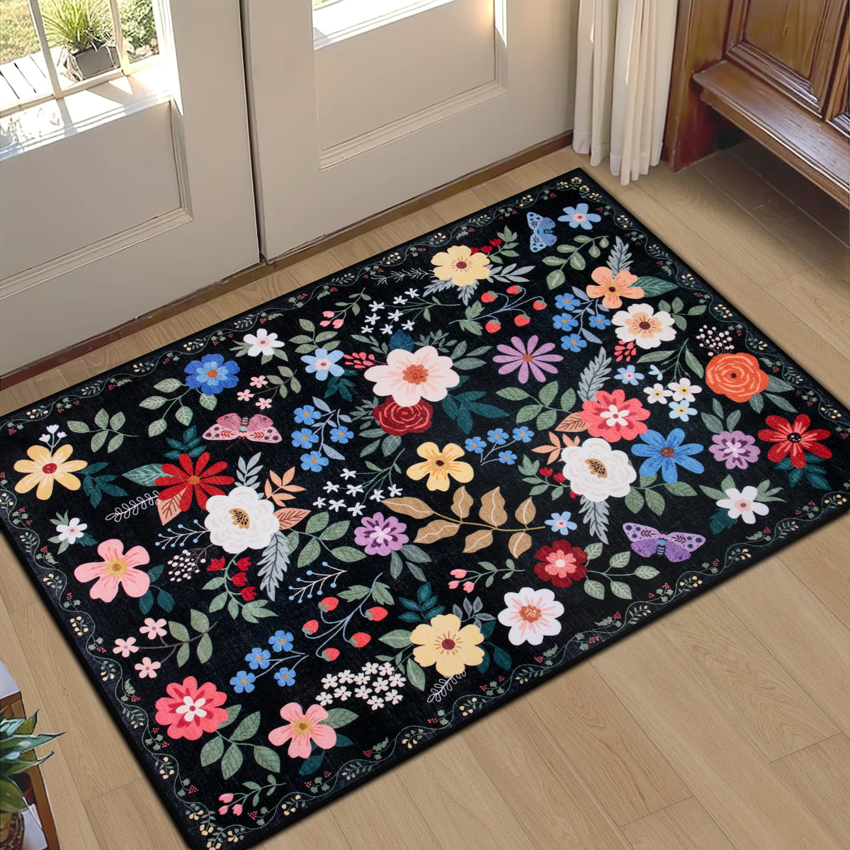PLHXFR 8x10 Area Rug Living Room: Floral Washable Boho Carpet Dark Green