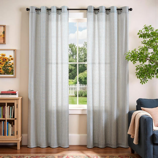 Vangao Linen Curtains for Living Room, Striped Blue Curtains 84L, 2 Panels