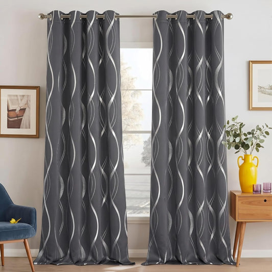 NICETOWN Grey Blackout Striped Pattern Curtains for Living Room, 52 x 84