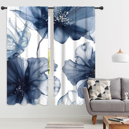 Navy Blue Floral Abstract Modern Dark Living Room Bedroom Window Curtains