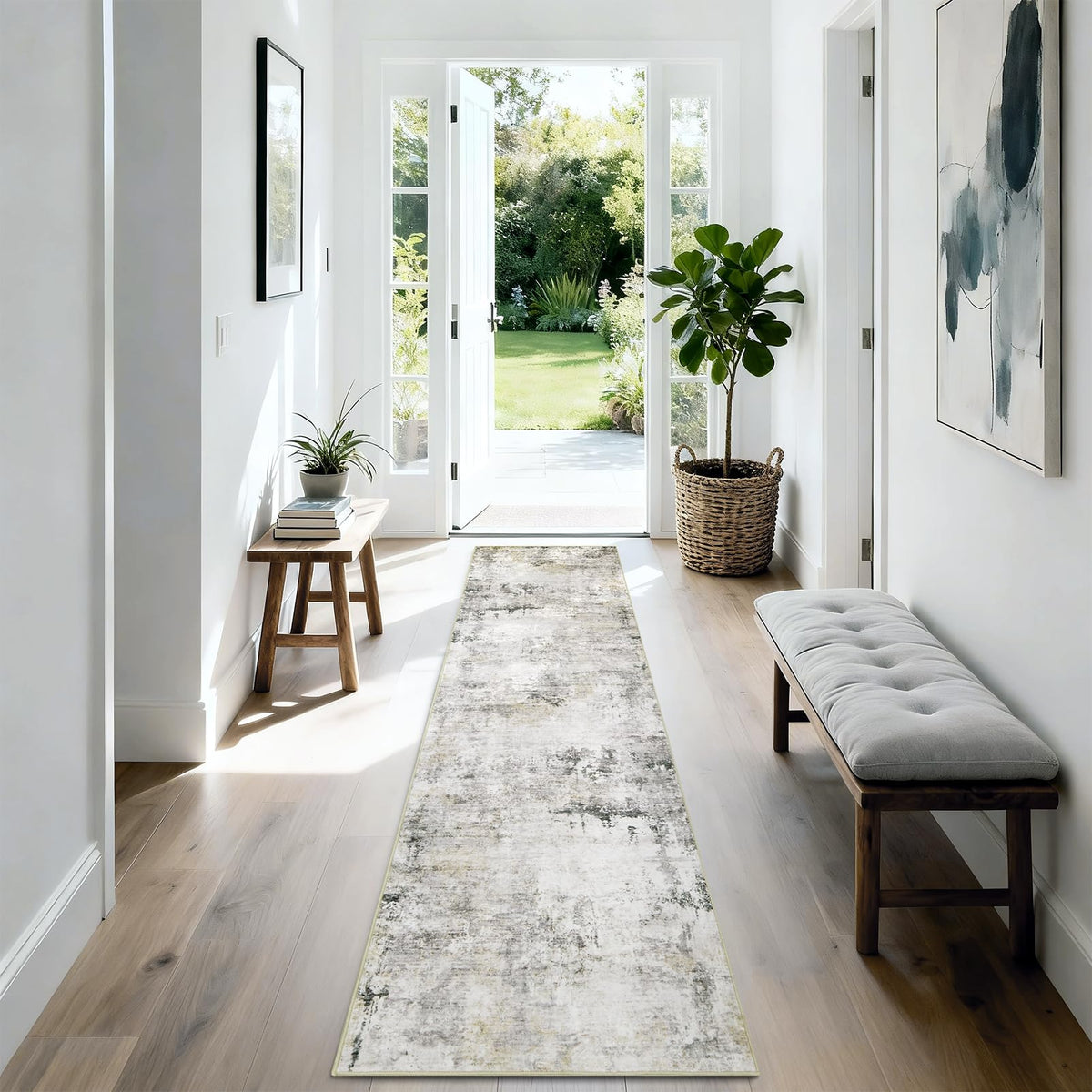 Washable Area Rug for Living Room: 9x12 Modern Abstract Neutral Soft Rug for Bedroom Dining Room No Slip Low Pile Carpet for Nursery Home Office - Grey/Blue