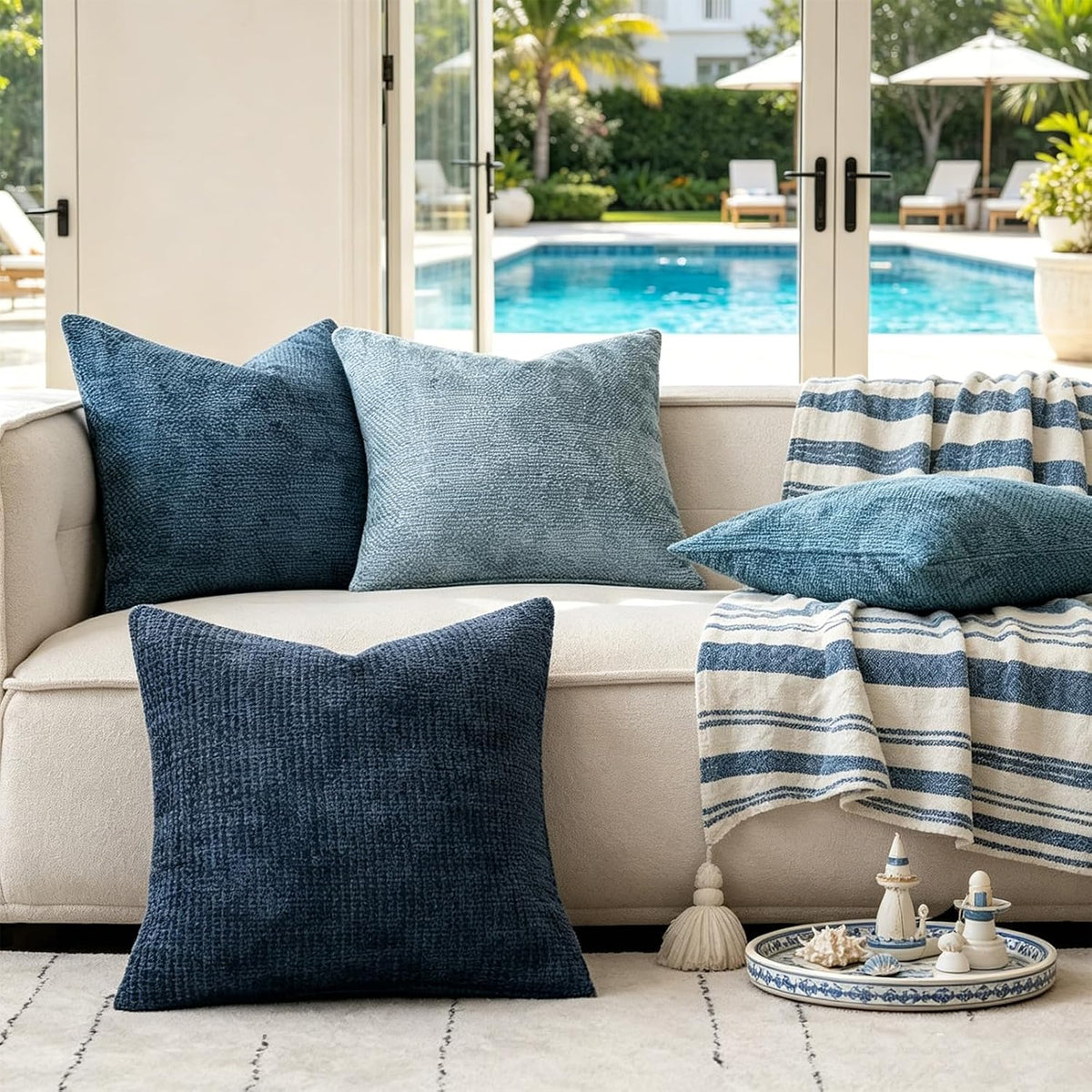 ZONYO Throw Pillow Covers 18x18 Set of 4, Soft Plush Chenille Decorative Fade Resistant Washable Cushion Covers for Couch Sofa Bed, Navy Blue Boho Farmhouse Coastal,Living Room, Bedroom Decor