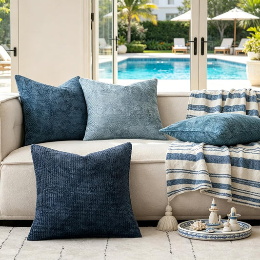 ZONYO Throw Pillow Covers 18x18 Set of 4, Soft Plush Chenille Decorative Fade Resistant Washable Cushion Covers for Couch Sofa Bed, Navy Blue Boho Farmhouse Coastal,Living Room, Bedroom Decor