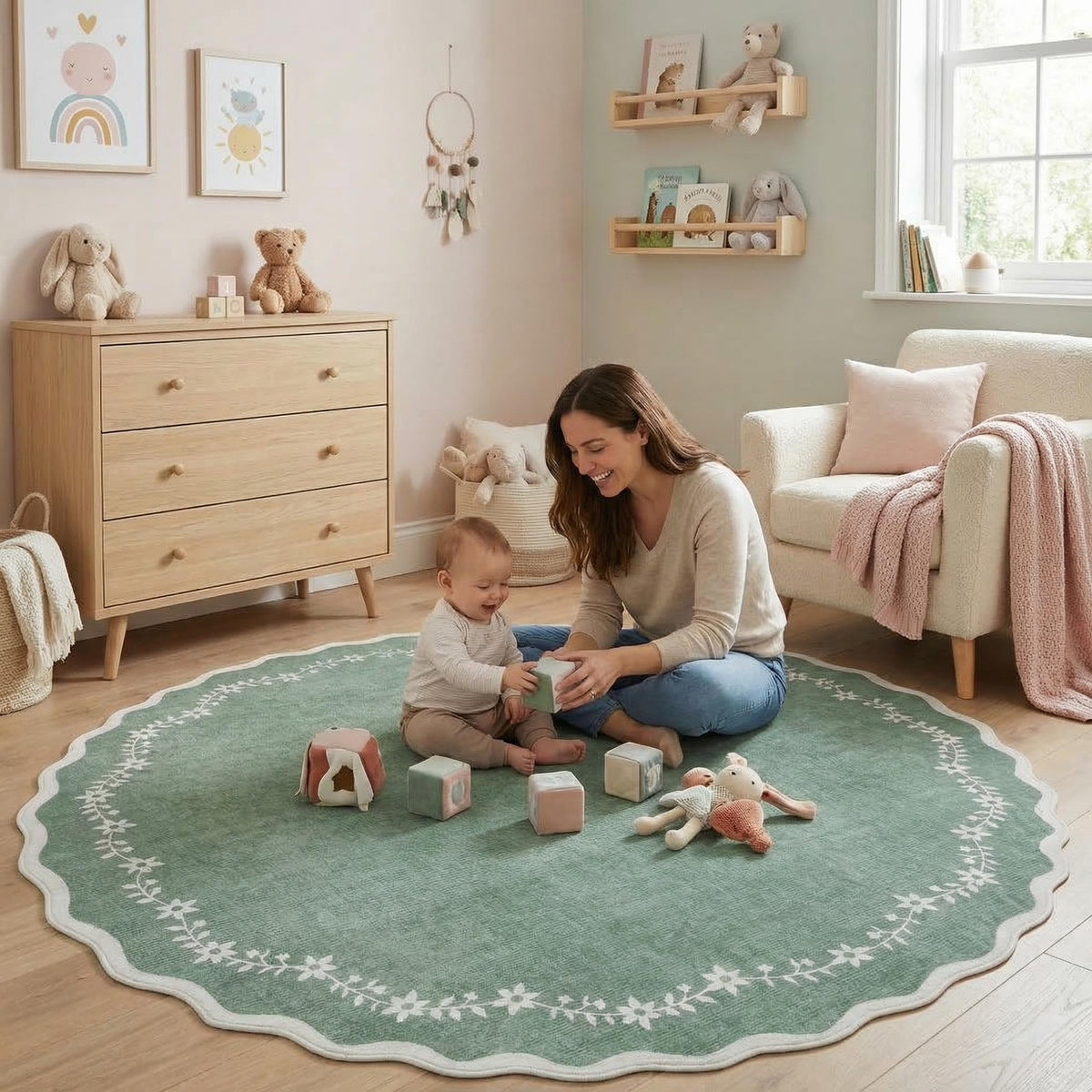 GarveeHome 5x7 Scalloped Area Rug Jute Washable Bedroom Living Room Rug