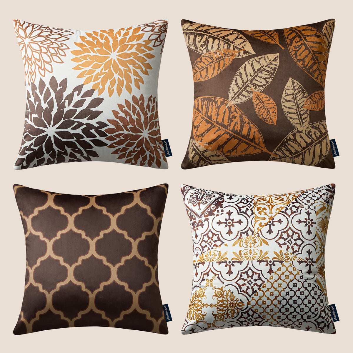 Phantoscope Set of 4 New Living Series Fall Leaf Geometric Coffee Throw Decorative Pillow Cover Cushion Cover 18 x 18 inches 45 x 45 cm