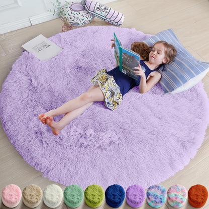 Amdrebio Pink Circle Round Fluffy Area Rug 4Ft for Girls Bedroom Kids Room