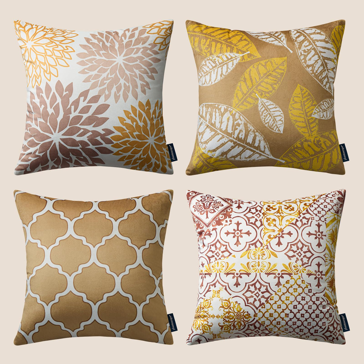 Phantoscope Set of 4 New Living Series Fall Leaf Geometric Coffee Throw Decorative Pillow Cover Cushion Cover 18 x 18 inches 45 x 45 cm