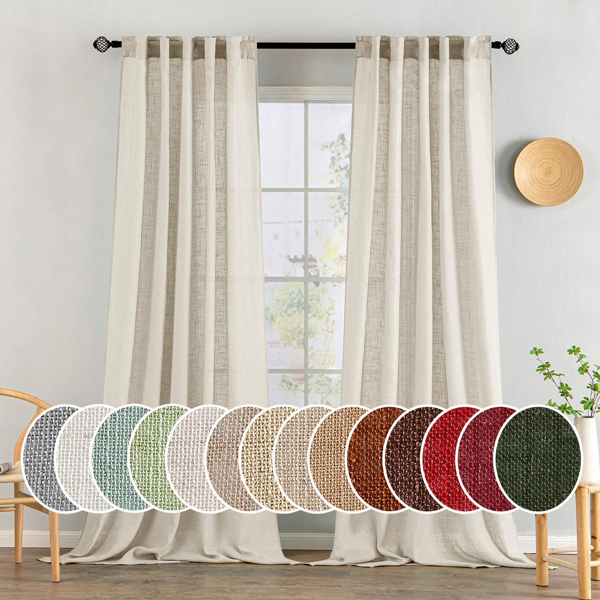 MIULEE Natural White Linen Curtains 52x84 Inch Long for Bedroom Living Room