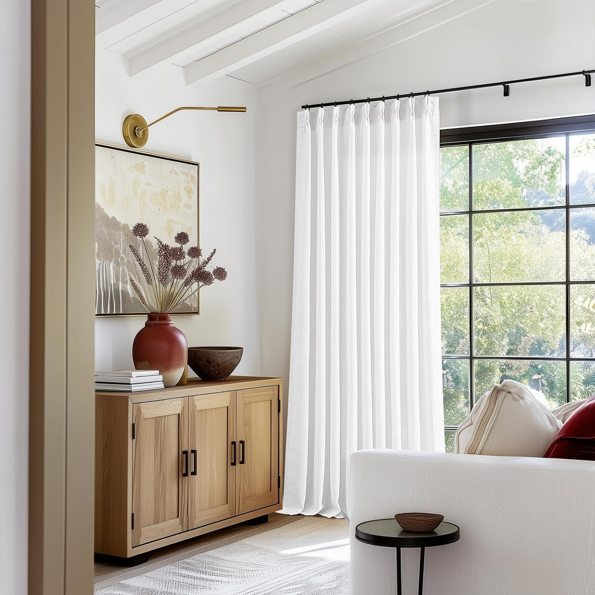 TWODRAPES Natural Pinch Pleated Linen Semi Sheer 84 Inch Curtains 2 Panels