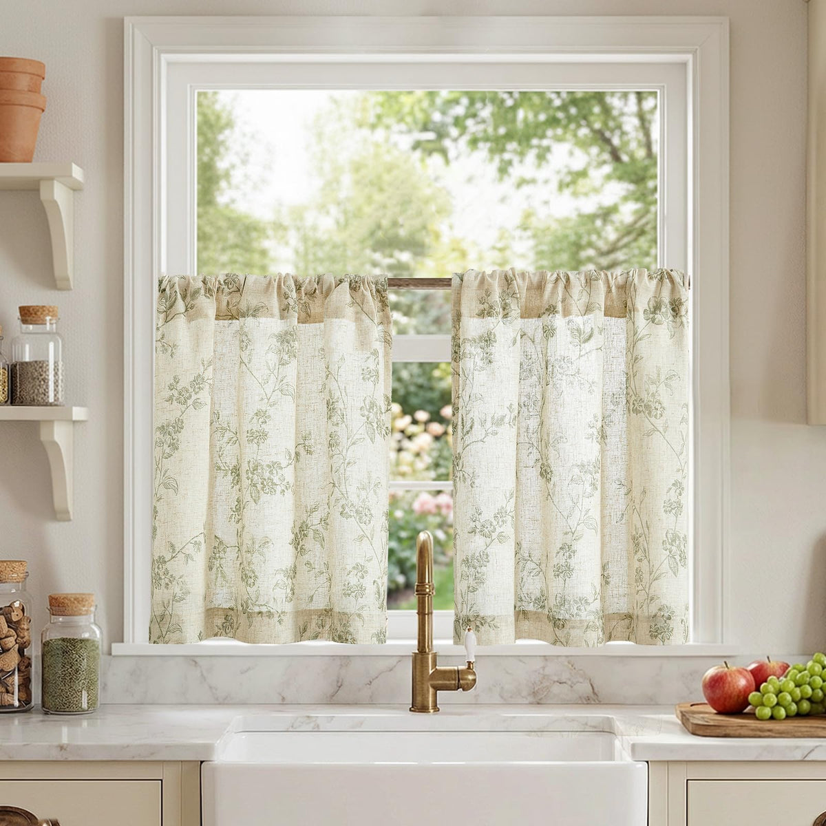 Lazzzy Taupe Vintage Floral Linen Curtains Farmhouse 50W X 84L 2 Panels