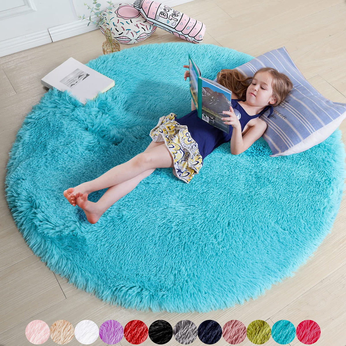 Amdrebio Pink Circle Round Fluffy Area Rug 4Ft for Girls Bedroom Kids Room