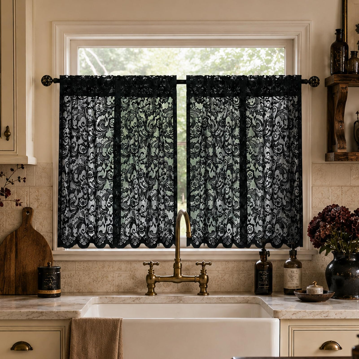 ALIGOGO Black Lace Curtains for Living Room, Gothic Decor, 52W x 84L Inch