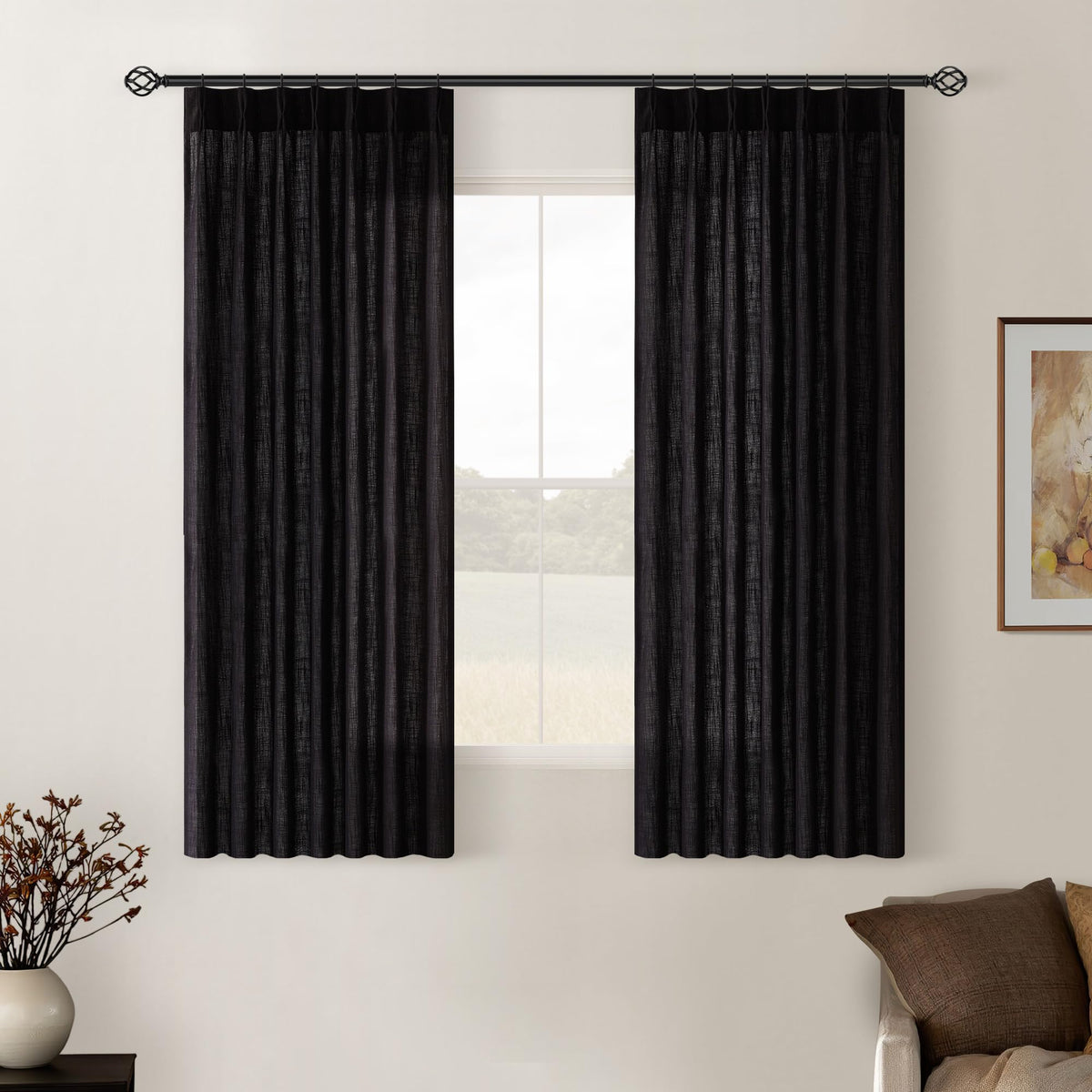 TWODRAPES Natural Pinch Pleated Linen Semi Sheer 84 Inch Curtains 2 Panels