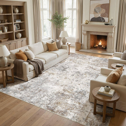 UERMEI 8x10 Area Rug Living Room Rugs - Washable Neutral Modern Abstract Soft Thin Large Rug Indoor Floor No Slip Rug Carpet for Bedroom Under Dining Table Home Office Decor - Brown Grey