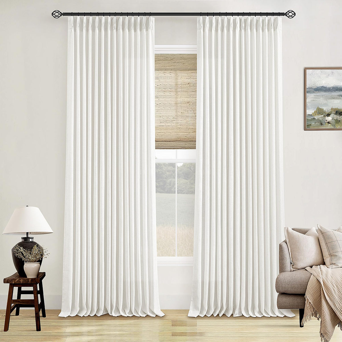 TWODRAPES Natural Pinch Pleated Linen Semi Sheer 84 Inch Curtains 2 Panels