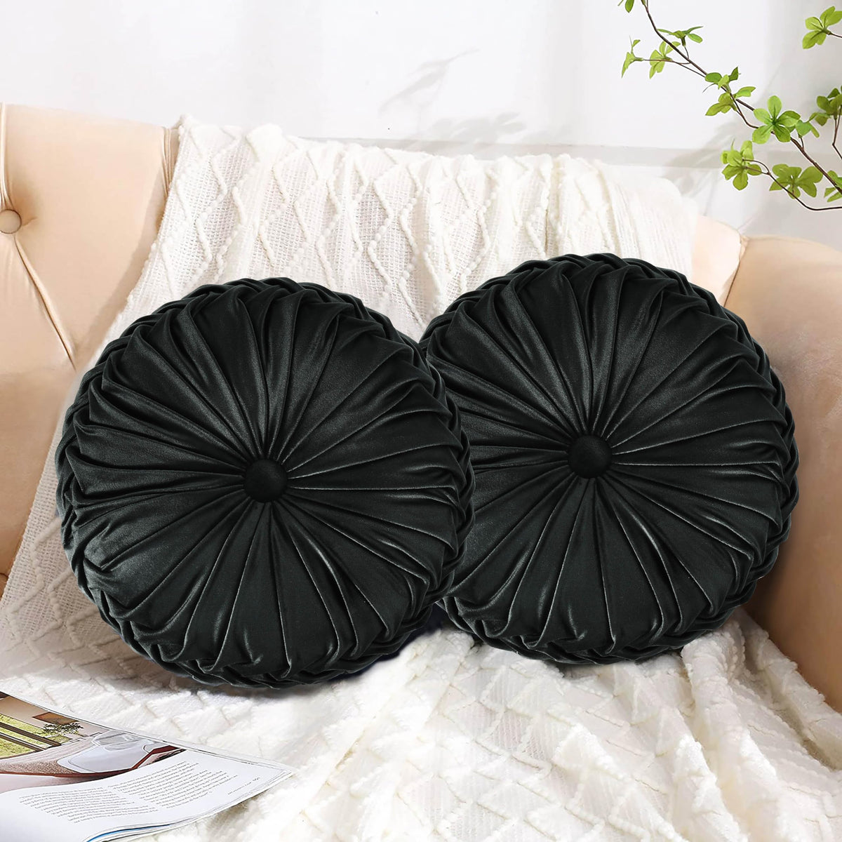 HIG Set of 2 Beige Velvet Decorative Round Pleated Throw Pillows
