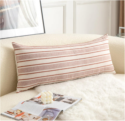Cethom Decorative Boho Throw Pillow Covers, Farmhouse Textured Pillow Case, 18 x 18 Inch Set of 2, Chair Sofa Bedroom Living Room Home Decor Couch Cushion Case, Classic Blue and Beige Striped