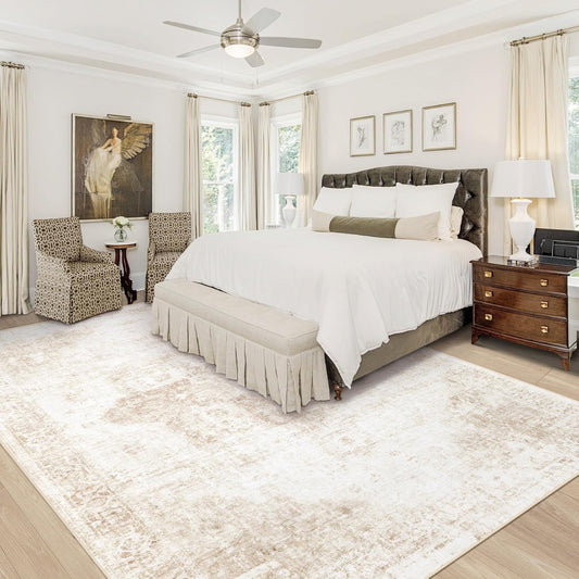 Area Rug 8x10 Washable Rug, Vintage Boho Medallion Rugs Non-Slip Soft Low Pile Large Distressed Rug Indoor Retro Carpet for Living Room Bedroom Dining Room Office Children's Room(Beige, 8'x10')