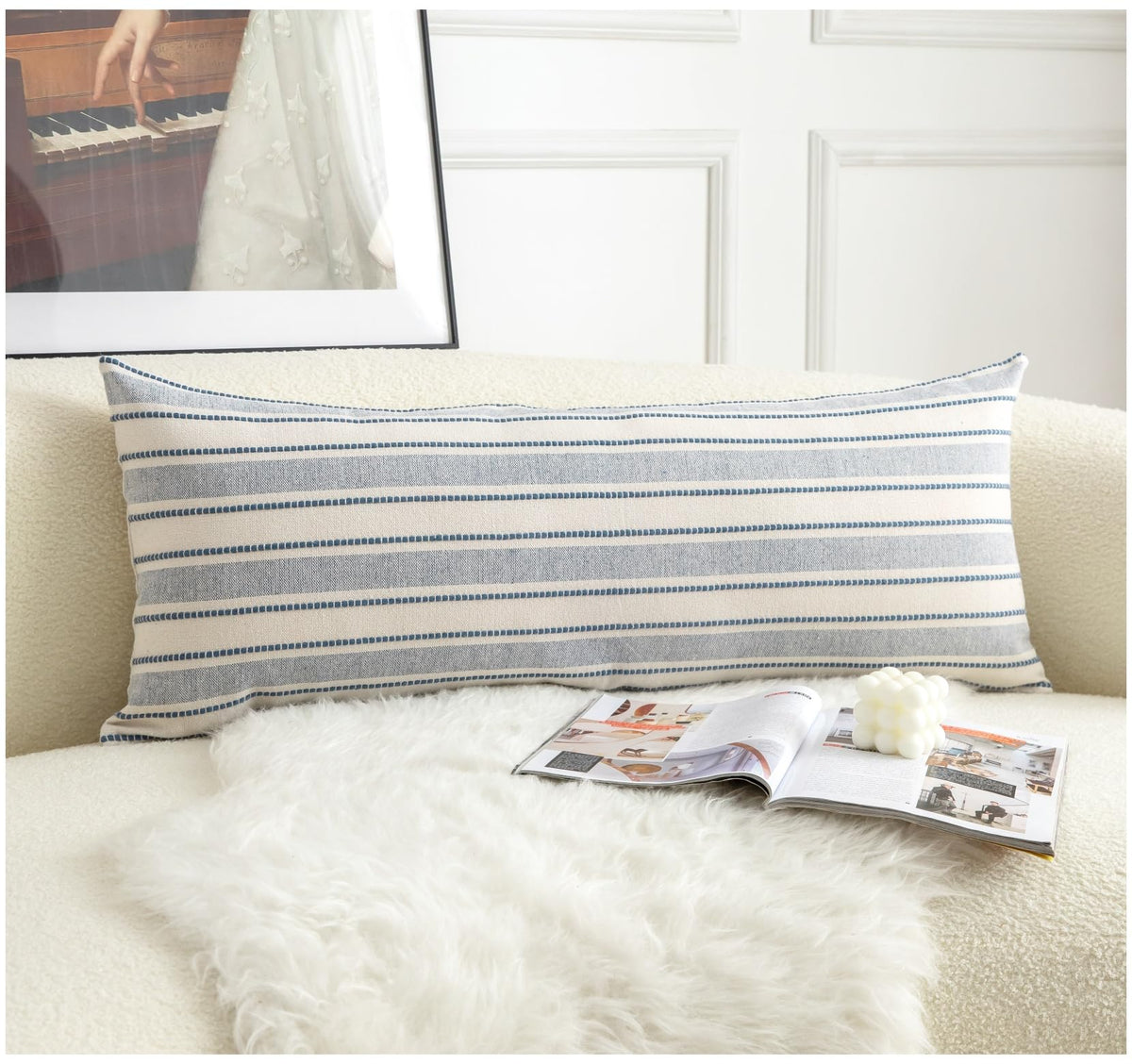 Cethom Decorative Boho Throw Pillow Covers, Farmhouse Textured Pillow Case, 18 x 18 Inch Set of 2, Chair Sofa Bedroom Living Room Home Decor Couch Cushion Case, Classic Blue and Beige Striped