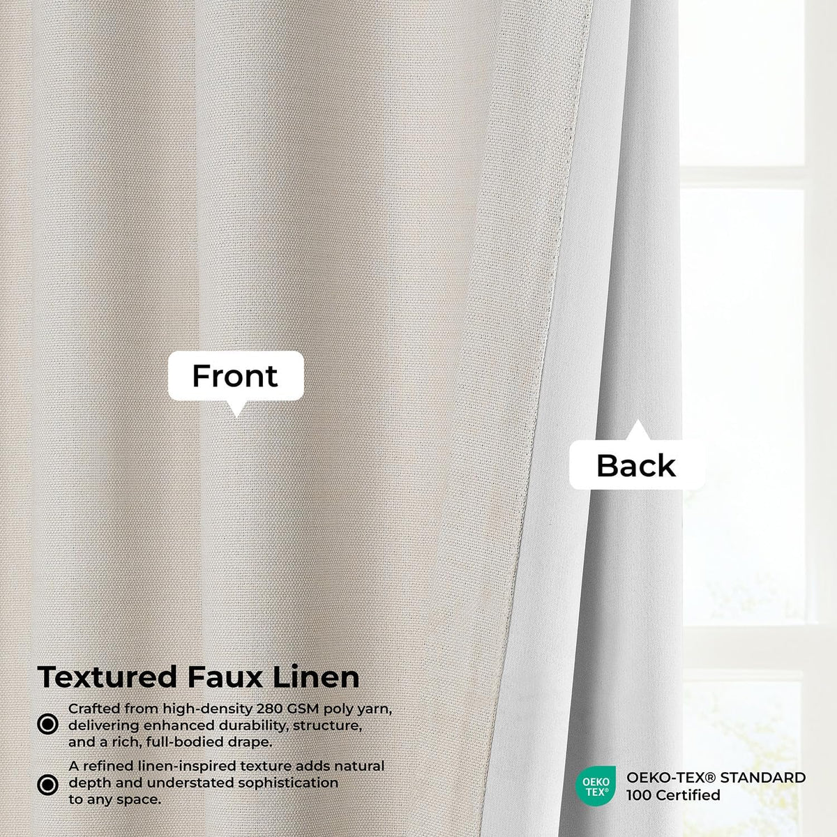 Faux Linen Curtains for Living Room (1 Panel) - 50W X 108L, Birch Taupe
