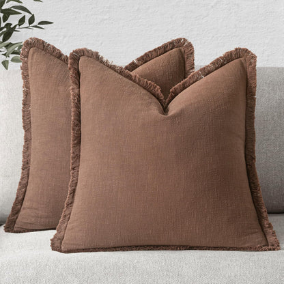 MIULEE Linen Fringe Decorative Fall Throw Pillow Covers Cocoa Brown 18x18