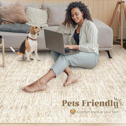 Living Room Rugs 8x10: Washable Moroccan Geometric Boho Rug Farmhouse Non Slip Stain Resistant Large Rug Low Pile Soft Carpet for Bedroom Dining Room Children Room (Beige,8'x10')