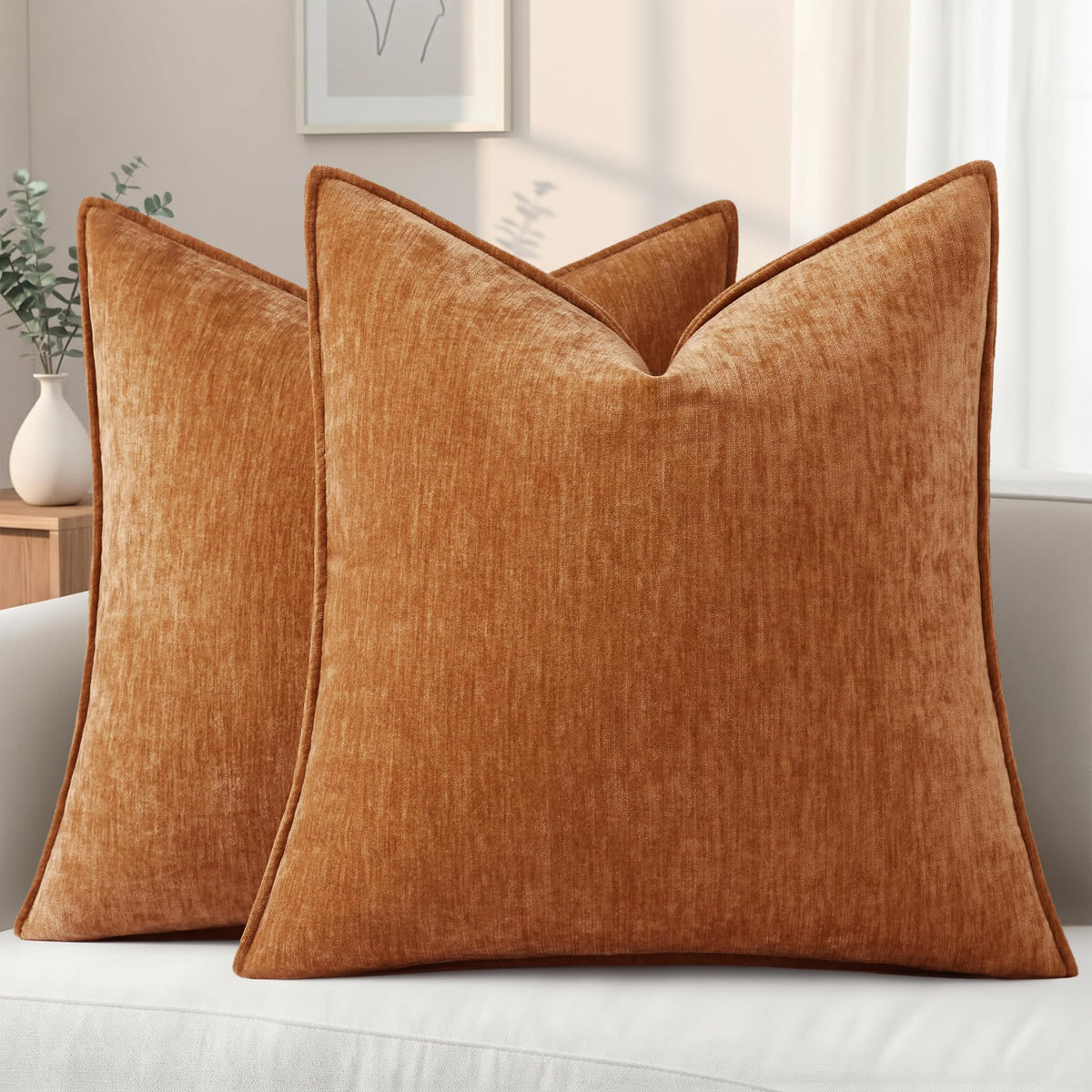decorUhome Chenille Beige Velvet Throw Pillow Covers 18x18 Set of 2