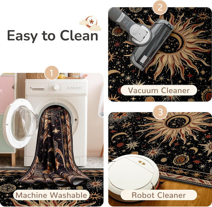 Vacuum-Friendly, 5x7 Washable Area Rug, Black Gold Beige Red