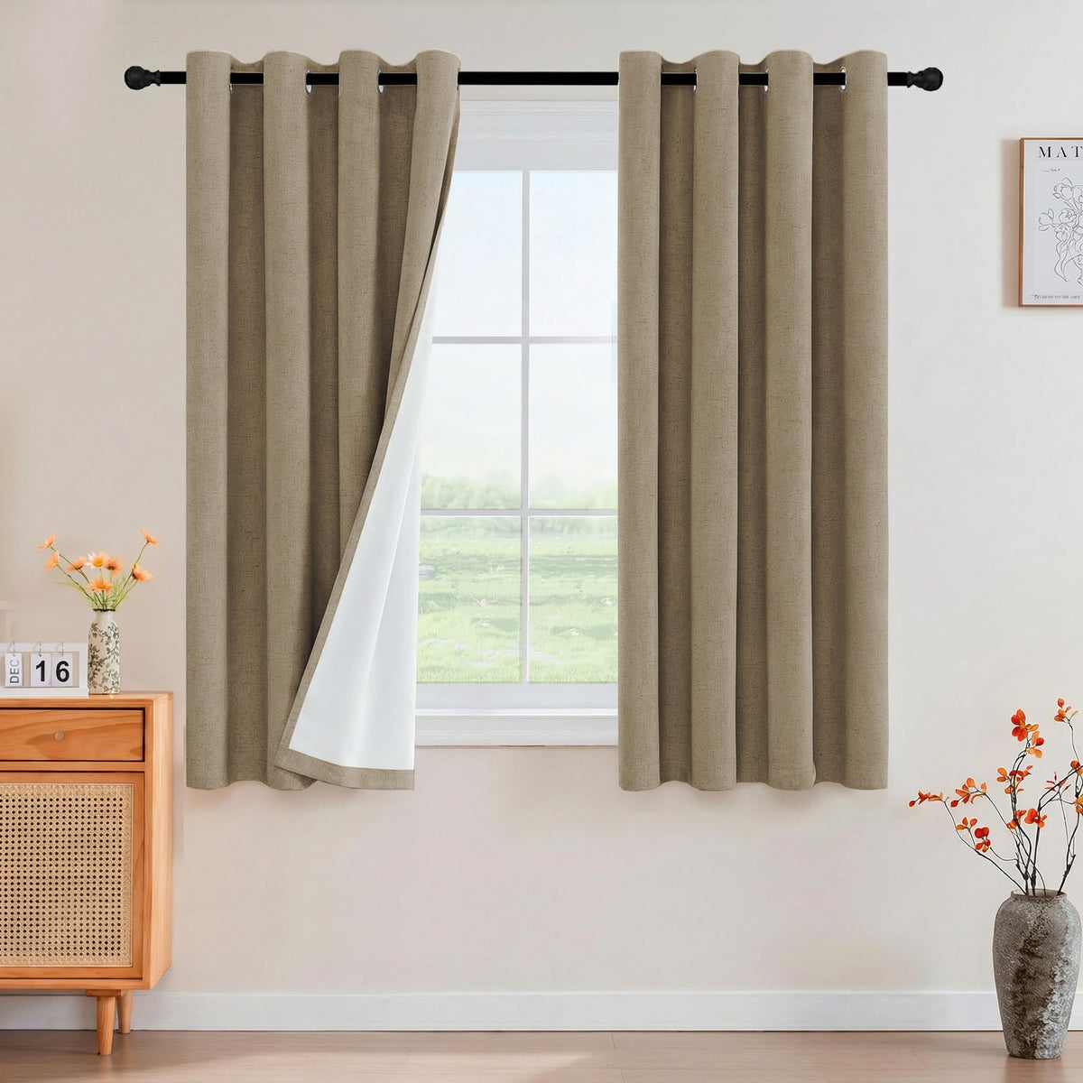 PrinceDeco Natural Linen Curtains 100% Blackout Linen Curtains for Bedroom Full Blackout Curtains 84 Inches Long Living Room Thermal Insulated Light Blocking Curtain Drapes White Backing, 2 Panels