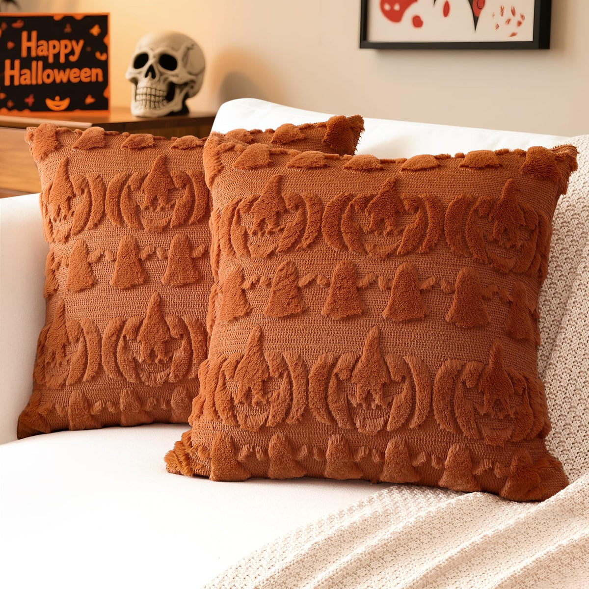 Artscope Fall Pillow Covers 18 x 18 Set of 2 Decorative Autumn Harvest Holiday Pumpkin Throw Pillow Cases Soft Plush Faux Fur Couch Cushion Case for Farmhouse Halloween Sofa Bed Room Home Decor-Rust