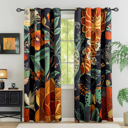 Tyrot Black Boho Floral Grommet Blackout Curtains, 52W x 84L, 2 Panels