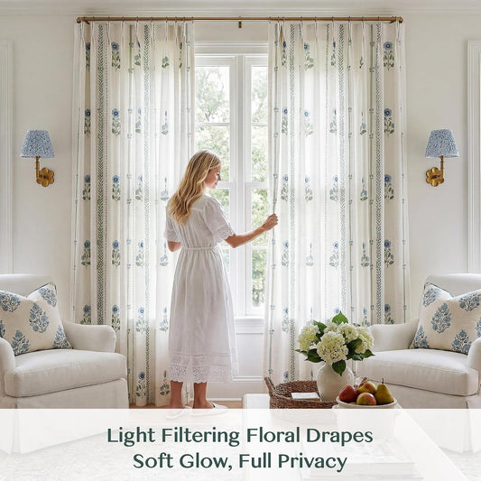 Pinch Pleated Curtains for Living Room Bedroom Dining Room - 72 Inches Light Filtering Floral Curtains Luxury Linen Drapes Farmhouse Window Curtains with Hooks - 2 Panels Set, 40" W x 72" L