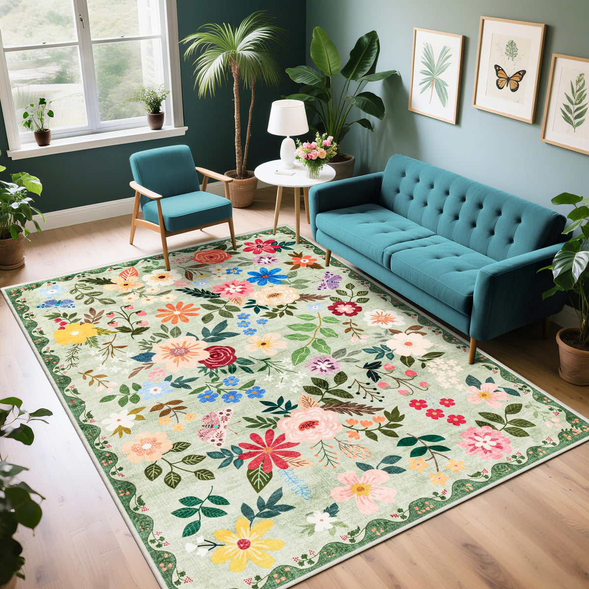 PLHXFR 8x10 Area Rug Living Room: Floral Washable Boho Carpet Dark Green