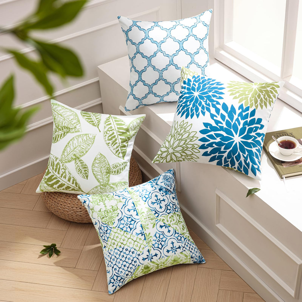 Phantoscope Set of 4 New Living Series Fall Leaf Geometric Coffee Throw Decorative Pillow Cover Cushion Cover 18 x 18 inches 45 x 45 cm
