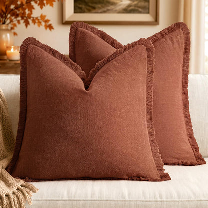 MIULEE Linen Fringe Decorative Fall Throw Pillow Covers Cocoa Brown 18x18